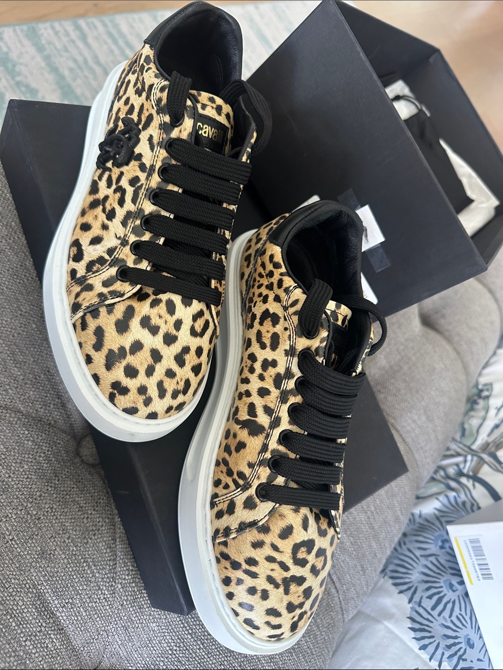 Roberto Cavalli Leopard-Print Low-Top Sneakers in Tan & Black